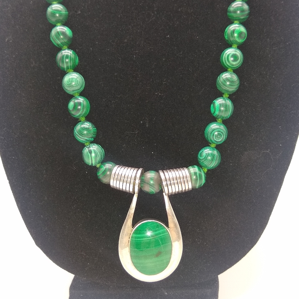 Vintage custom made Malachite silver long necklace